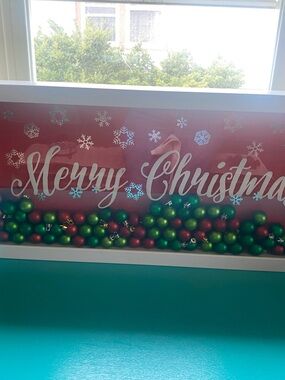 Merry Christmas Shadow Box with Red and Green Ornaments